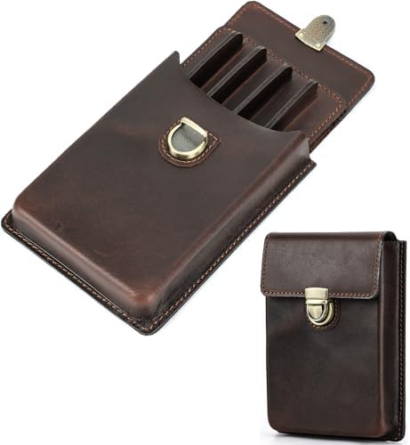 Top Grain Genuine Leather 5 Pen/Pencil Tray Case Organizer, Solid Vintage Design No Logo, Handmade, Brass Plug-in Lock with Drawer, Gift Choice for Man/Woman/Office, Glossy Coffee, 5 Slots by CataPurusLeatherCrafts