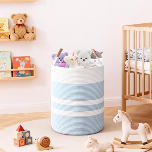 Large Laundry Basket, Laundry Hamper with Leather Handles, 90L Woven Dirty Clothes Hamper, Rope Hampers for Bedroom, Barthroom, Blue - Image 6