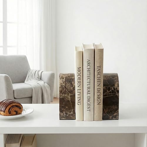Natural Marble Bookends for Shelves,Unique Brown Arched Book Ends, Office bookends for Heavy Books, Set of 2,Heavy Duty (Brown) - Image 6
