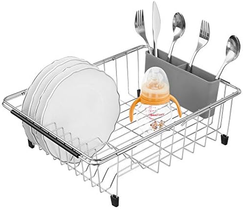 SANNO Large Expandable Dish Drying Rack Over Sink Dish Rack with Utensil Silverware Storage Holder Over The Sink Adjustable Arms Dish Drying Drainer,Stainless Steel, in Sink or On Counter - Image 5