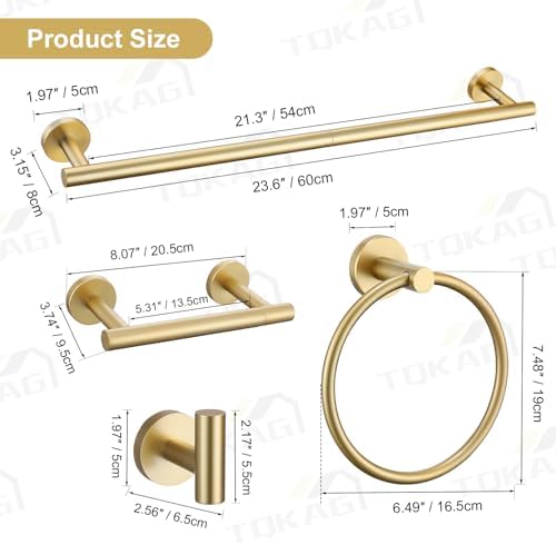 TQKAG 8-Pieces Bathroom Hardware Set, Brushed Gold Towel Bar Set 23.6 Inch - Image 6