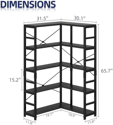 NUMENN 5-Tier Corner Bookshelf, L-Shaped Corner Bookcase, Black - Image 3
