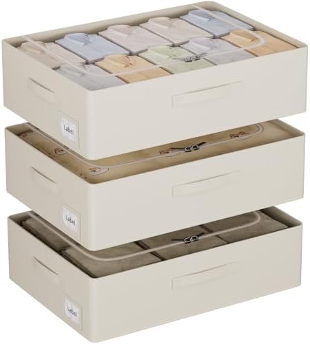 CYhom 3Pcs Under Bed Storage Bins with Metal Frame - Shoe Organizer for Closet with Clear Cover Oxford Fabric Sturdy Underbed Container Foldable Stackable Clothes Organizer (Beige, 23.5x19.7x6.3) by CYhom