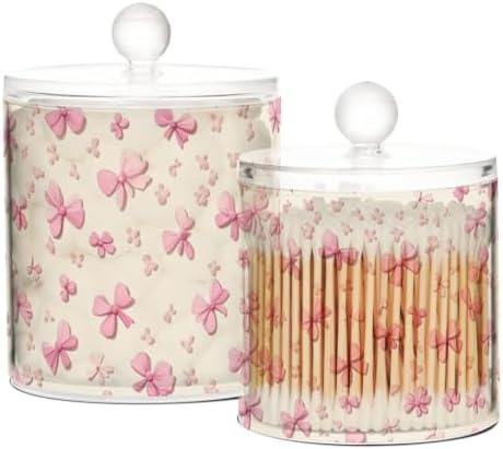 Pink Bow Cute Qtip Holder Waterproof Dustproof Apothecary Jars with Lids For Bathroom Cotton Swabs Makeup Sponges Floss Picks Bath Salts 2 Pack - Image 2