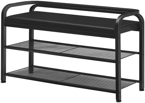YATINEY Shoe Bench with Backrest, 35.4" Long Entryway Bench, 2-Tier Shoe Rack with PU Padded Seat, Upholstered Shoe Storage Bench with Back, for Hallway, Entryway, Foyer, Bedroom, Black HX14BB by Yatiney