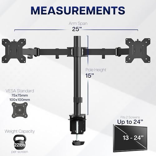 VIVO Dual Monitor Desk Mount, Heavy Duty Fully Adjustable Steel Stand, Holds 2 Computer Screens up to 24 inches and Max 22lbs Each, Black, STAND-V024 - Image 4