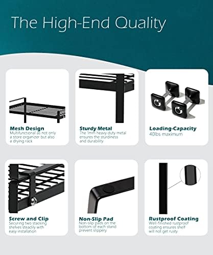 Shantton 2pk Kitchen Cabinet Shelf Counter Organizer Rack Pantry Storage Bathroom Bedroom Office Table Desk Space Saving Steel Frame Stackable Rust Resistant Non Slip Black-Tall-L13in W8.3in H9.5in - Image 5