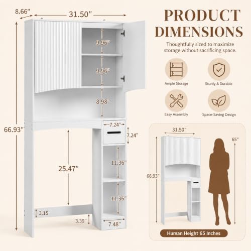 VINGLI Over-the-Toilet Storage Cabinet, 31.5" W White Bathroom Space Saver with Fluted Curved Doors, Adjustable Shelf, Reversible Side Shelving, Toilet Paper Holder and Anti-Tip Kit - Image 2