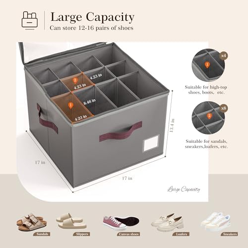Criusia Shoe Organizer for Closet, 2 Pack Shoe Organizer with Transparent Cover and Sturdy Handles, Closet Shoe Storage for Sneakers Sandals Slippers, Fit 12-16 Pairs, Gray - Image 2