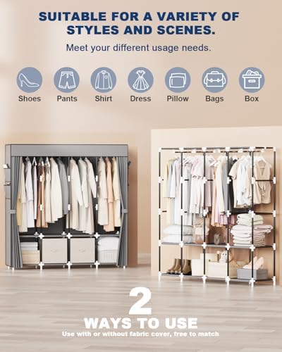Mavivegue Portable Closet Wardrobe, Clothes Organizer with 4 Hanging Rods, Non-Woven Fabric Cover, Large Capacity Storage for Bedroom and Living Room,Gray - Image 6