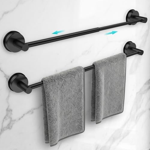 Adjustable Suction Cup Towel Bar for Bathroom Wall,14.6Inch~24 Inch Towel Racks for Bathroom,Stainless Steel Bath Towel Holder for Shower,2 Pack(Matte Black) by WingWider
