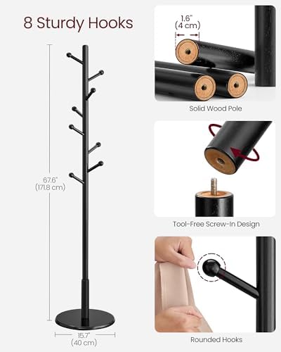 VASAGLE Solid Wood Coat Rack, Free Standing, 8 Hooks, 3 Height Options - Image 6