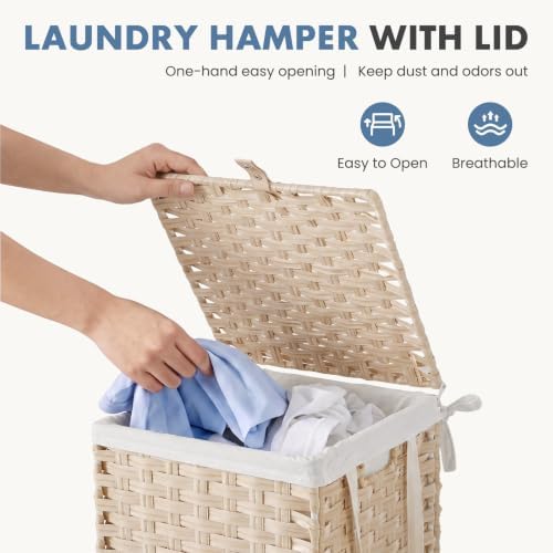 DUMOS Laundry Basket with Lid, 65L Wicker Laundry Hampers, Summer Sand - Image 2