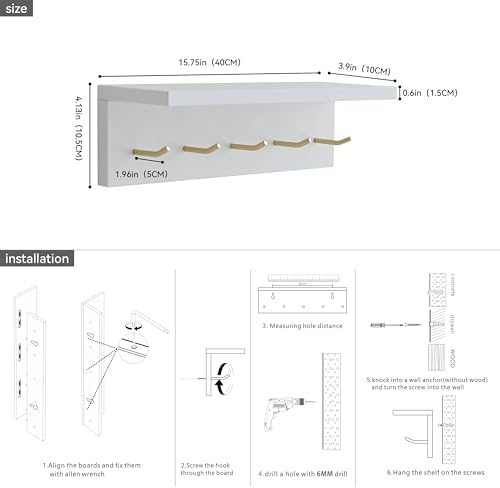 Wall Mounted Coat Rack with Shelf & Key Hooks, 5 Brass Hooks Entryway Organizer, Modern Floating Shelf for Bedroom Hallway, Space-Saving Home Storage Rack (1, White) - Image 5