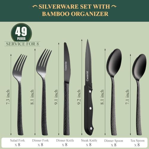 49 Pieces Black Silverware Set with Bamboo Organizer,Wave Hammered - Image 2