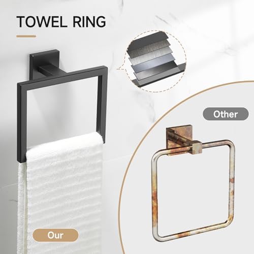 TQKAG Matte Black Bathroom Hardware Accessories Set 10 Pieces, 23.6" SUS304 Stainless Steel Towel Bar Set Wall Mounted Includes Single Towel Bar, Towel Ring, Toilet Paper Holder, Double Towel Hooks - Image 4