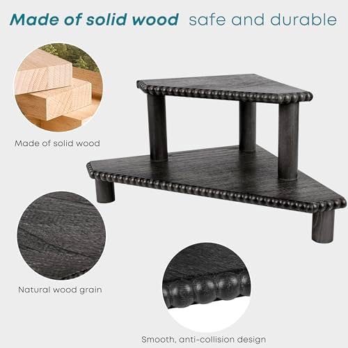 2-Tier Rustic Corner Shelf for Kitchen Counter,Wood Beaded Farmhouse Countertop Organizer with Removable Feet, Stackable Bathroom Vanity & Coffee Bar Decorative Riser Stand(Rustic Black) - Image 5