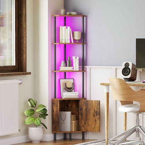 HOOBRO Corner Cabinet with LED Light, Corner Shelf Stand with Storage and Doors, 5-Tier Industrial Corner Bookshelf, 59” Tall Display Rack Shelf, for Living Room, Kitchen, Rustic Brown BF147DCJ01 - Image 4