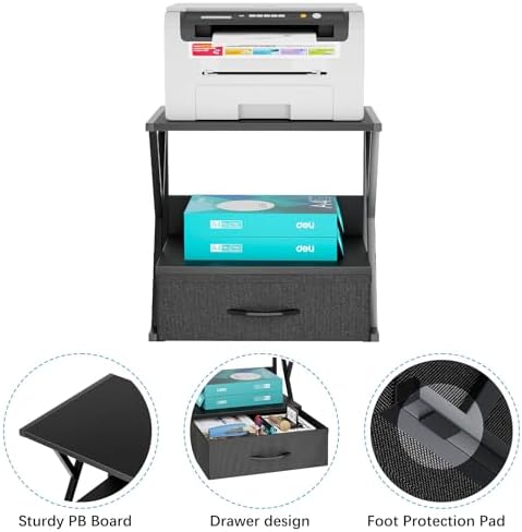 aboxoo Printer Stand for Desk with Storage Drawer, 2 Tier Desktop Or Under Desk Shelf, Multi-Purpose Desks Organizer for Home Office, fit Fax Machine/3D Printer/Scanner, Black - Image 2