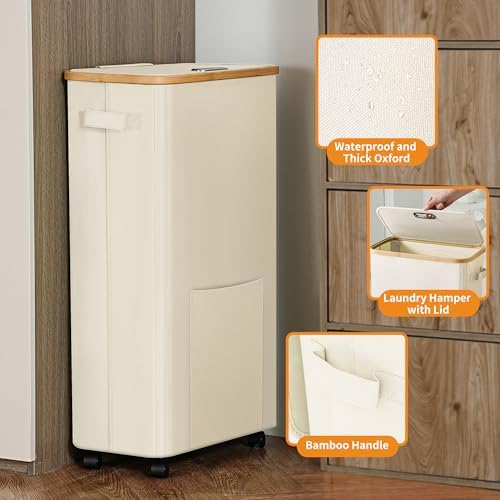 Laundry Basket with Wheels, Dirty Clothes Hamper on Wheels, Rolling Tall Laundry Hamper with lid for Laundry Room, Dorm and Bathroom, 75L Beige - Image 3