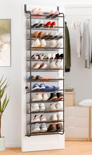 Whitmor 36 Pair Over the Door Shoe Rack,12 Tier Hanging Shoe Organizer with Metal Frame & Mesh Shelves, Heavy Duty Shoe Storage Holder for Door, 74" H x 21.7" W x 7.5" D, Gunmetal Gray by Whitmor
