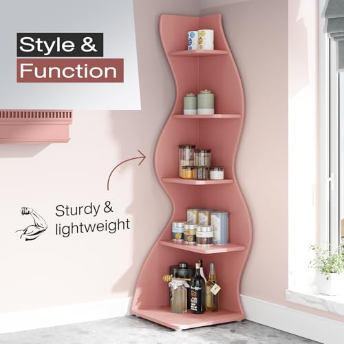 Tribesigns Corner Shelf, Modern 5-Tier Wall Corner Bookshelf, Stylish Corner Small Bookcase Storage Rack Plant Stand with Unique Shape for Living Room, Home Office (Pink, 1PC) - Image 5