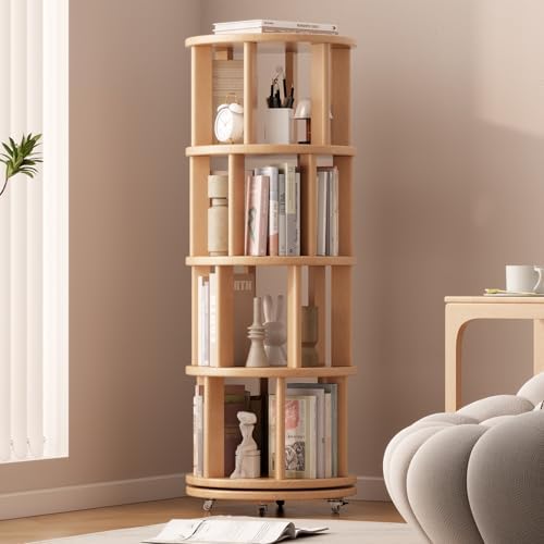 Muwuele 4 Tier Solid Wood Rotating Bookshelf Tower on Wheels, Natural by Muwuele