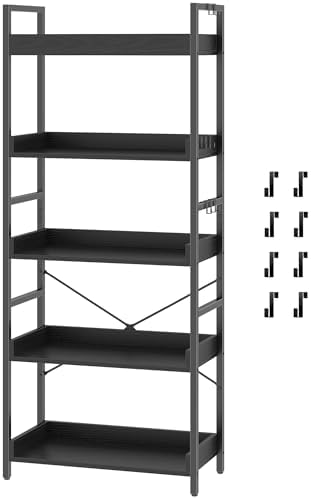 HCHQHS 5 Tier Bookshelf, Adjustable Industrial Bookcase, Vertical Tall Book Shelf, Wood and Black Metal Open Bookshelves for Home Office, Living Room, Bedroom by HCHQHS