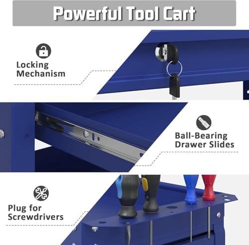 3 Tray Rolling Tool Cart with Drawers, 400 LBS Capacity Mechanic Tool Cart on Wheels, Heavy Duty Utility Cart with Pegboard, Metal Work Cart for Garage and Repair Shop, Blue - Image 6
