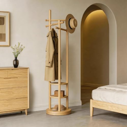 Coat Rack Freestanding, Solid Wood Coat Tree with 6 Hooks and 3 Storage Shelves for Bedroom, Entryway Living Room, Office, Corner Hanger Stand for Purse, Bag, Jacket, Hat - Image 3