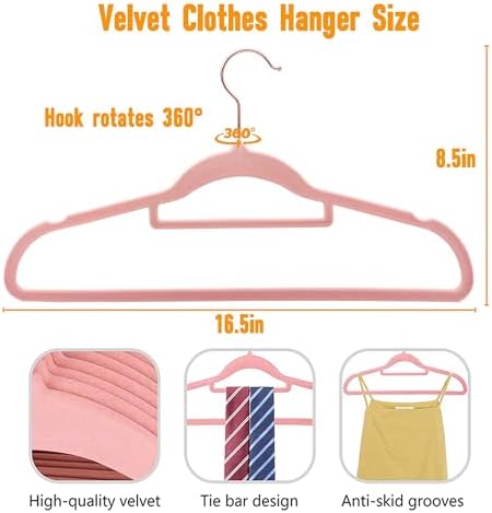 Pink Velvet Hangers 50 Pack - Adult Hangers Rose Gold Hook, Space Saving Non-Slip Clothes Hangers, 16.5 Inch with Tie Bar for Coats,Sweater,Jackets,Dresses, Shirts, Suits & T-Shirts - Image 6