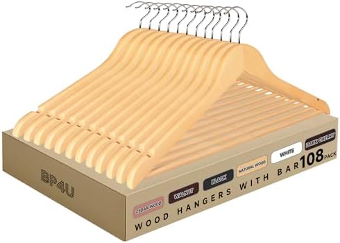 Wooden Clothes Hangers with Pants Bars, Natural Wood, 108-Pack by BP4U%E2%84%A2
