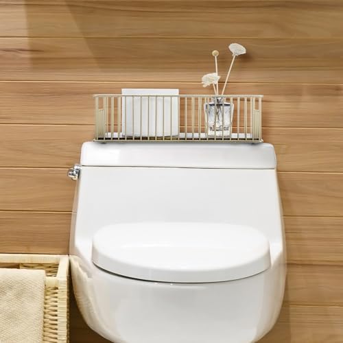 MyGift Brass Tone Metal Toilet Paper Holder with Rustic Wood Base Tray - Image 3