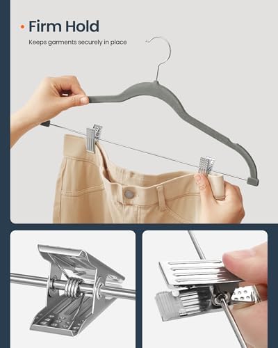 SONGMICS HOME Velvet Pants Hangers with Adjustable Clips, Non-Slip Space-Saving Clothes Hangers, 30 Pack, Shoulder Notches for Skirts, Gray - Image 7