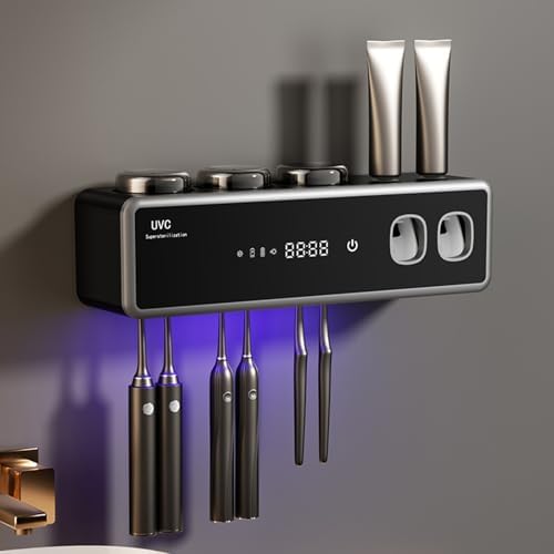 Wall Mounted Toothbrush Holders, Automatic Toothpaste Dispenser, 3 Cup Rechargeable Electric Toothbrush Holder with Smart Cleaning and Hot Air Drying,Bathroom Decor and Accessories (Black) by Wekity