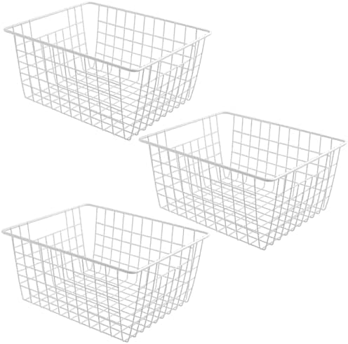3 Pack Freezer White Wire Baskets for Organizing Office Wire Storage Basket with Built-in Handles, 14" Large White Metal Baskets for Pantry Freezer Kitchen Cabinets by LOSYHU
