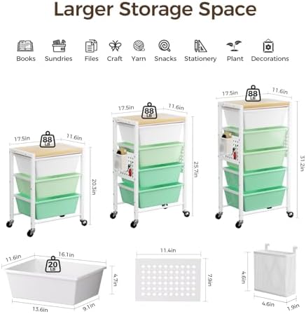 Rolling Cart with 3 Drawers, Plastic Drawer Storage Carts with Lockable Wheels & Wooden Tabletop, Metal Utility Cart Organizer, Office Bedroom Classroom Craft Organization and Storage, Bright Green - Image 3