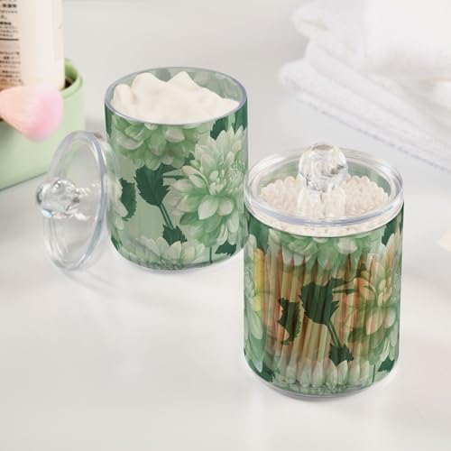 Fustylead 4 Pack Beautiful Light Green Dahlia Qtip Holder Dispensers, Plastic Apothecary Jar Bathroom Accessories Set for Cotton Ball, Swab, Round Pads, Floss - Image 4