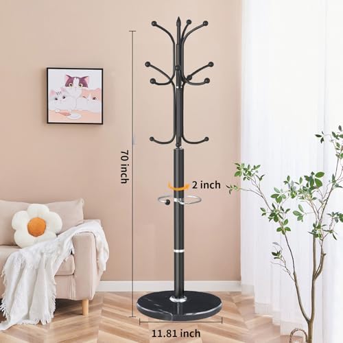 ZOZOE Metal Coat Rack Stand, Modern Coat Rack Freestanding with Natural Marble Base, Sturdy Coat Racks with 12 Hooks & Umbrella Holder,Black Coat Tree Hanger Stand for Bags,Hats,Entryway,Office - Image 4