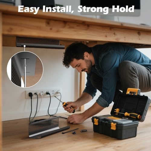 KHAMAL Cable Management Under Desk 52PCS - Cable Management Tray Kit Ventilated Hexagonal Design with Cable Clips, Wire Ties, Cord Holder & Screws for Office, Home - 4 Black Sets - Image 5