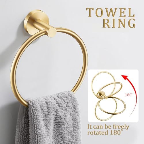 6 Pieces Brushed Gold Bathroom Hardware Accessories Set Hand Towel Ring 16&23.6 inch Round Towel Bar Toilet Paper Holder Towel Hooks 2 Pieces SUS 304 Stainless Steel,Heavy Duty,Wall Mounted - Image 3