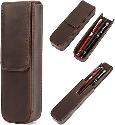 Top Grain Genuine Leather 2 Pen/Pencil Tray Case Holder, Vintage Design No Trademark, Handmade, Magnetic Closing with Drawer Design, Gift Choice for Man/Woman/Office, Matte Coffee, 2 Slots by CataPurusLeatherCrafts