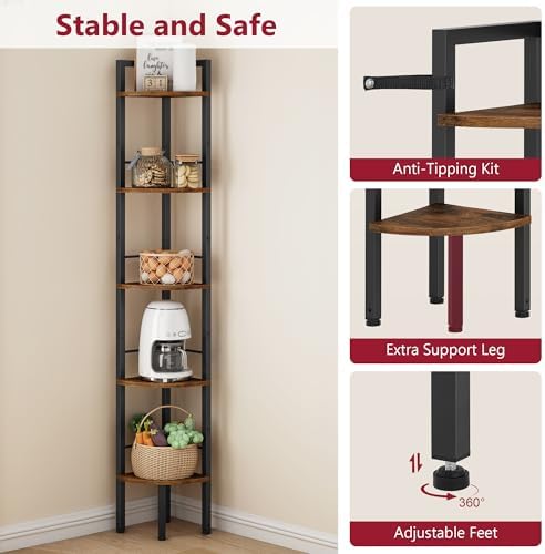 Tajsoon Corner Shelf Stand 5 Tier 60.5" with Metal Frame, Rustic Brown - Image 5
