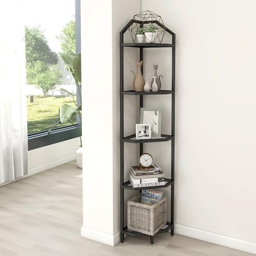 5-Tier Corner Shelf Stand, Black Corner Bookshelf, Bathroom Storage Rack Shelf, Plant Rack, Tempered Glass, Steel Frame, Modern Style for Living Room, Bathroom, Kitchen, Metallic Black - Image 2