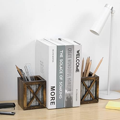 MyGift Rustic Bookends with Pen Holder, Wood & Metal Desk Organizer - Image 3