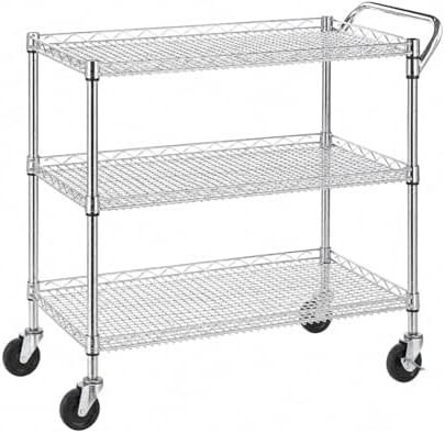 Heavy Duty 3 Tier Rolling Utility Kitchen Cart on Wheels,Large 45"L x 17 1/2"D x 45"H Metal Serving Cart Commercial Grade with Wire Shelving and Handle Bar for Office School Church Kitchen Hardware by Unknown