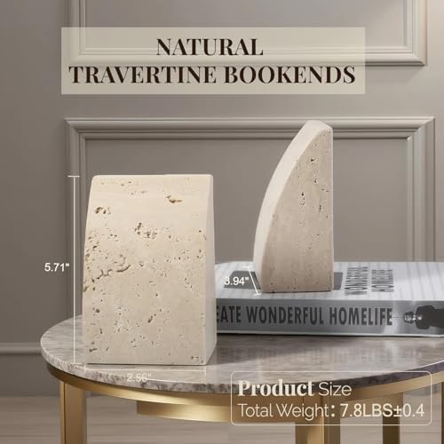 Koville Travertine Bookends for Shelves, Large Stone Bookends for Heavy Books, Non-Slip Heavy Duty Book Stopper for CD/Movies, Aesthetic Decorative Book Ends for Bookshelf Table Home Decor(Beige) - Image 3