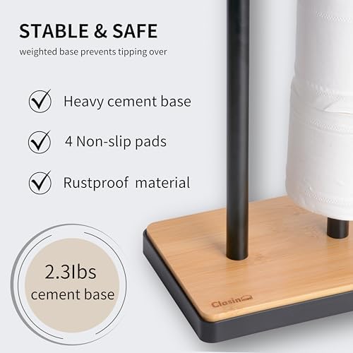 Clasin Home Toilet Paper Holder Stand, Free Standing Toilet Paper Holder with Storage and Top Shelf, Black Toilet Paper Stand Weighted Base with Bamboo Design for Bathroom - Image 4