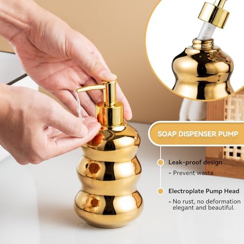 Gold Bathroom Accessory Set, 3-Piece Gold Ceramic Bath Accessories Set with Tray, Lotion Dispenser, and Tumbler for Luxurious Bathroom Decor - Image 6