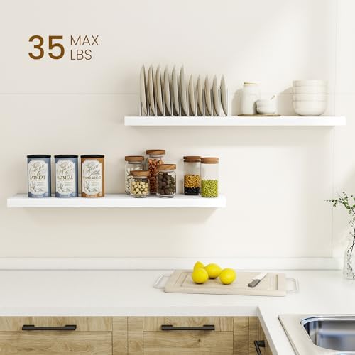 Dreamland 36Inch Floating Shelves for Wall, Rustic Wooden White Floating Shelves for Bathroom|Bedroom|Kitchen, Deep Wall Mounted Book Shelf, Wood Storage Display Shelf for Home Decor, Set of 2 - Image 2